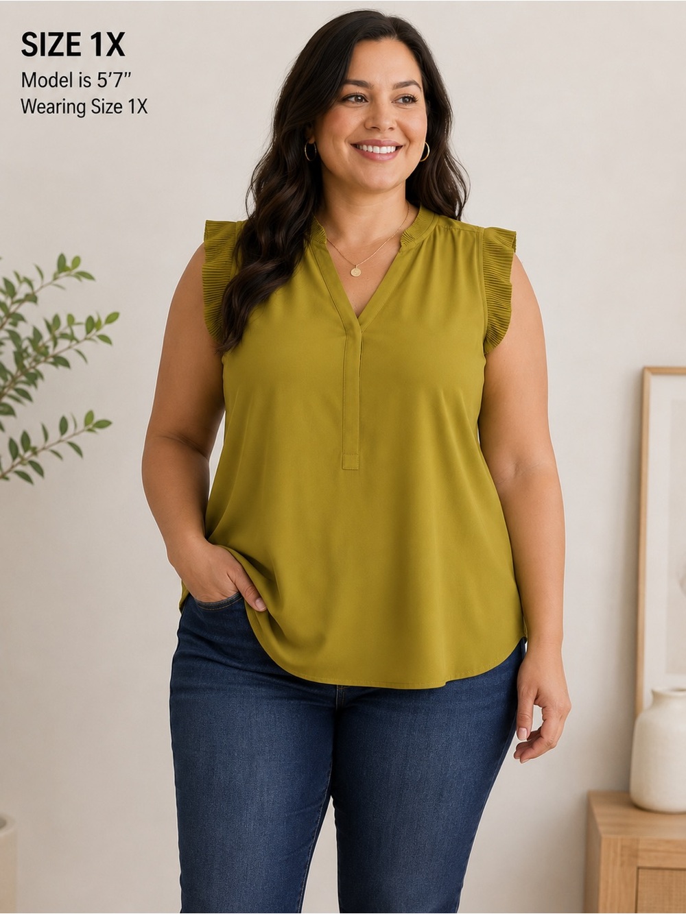 Alfani Pleated Ruffle Sleeve Blouse | Size 1X | Olive Green